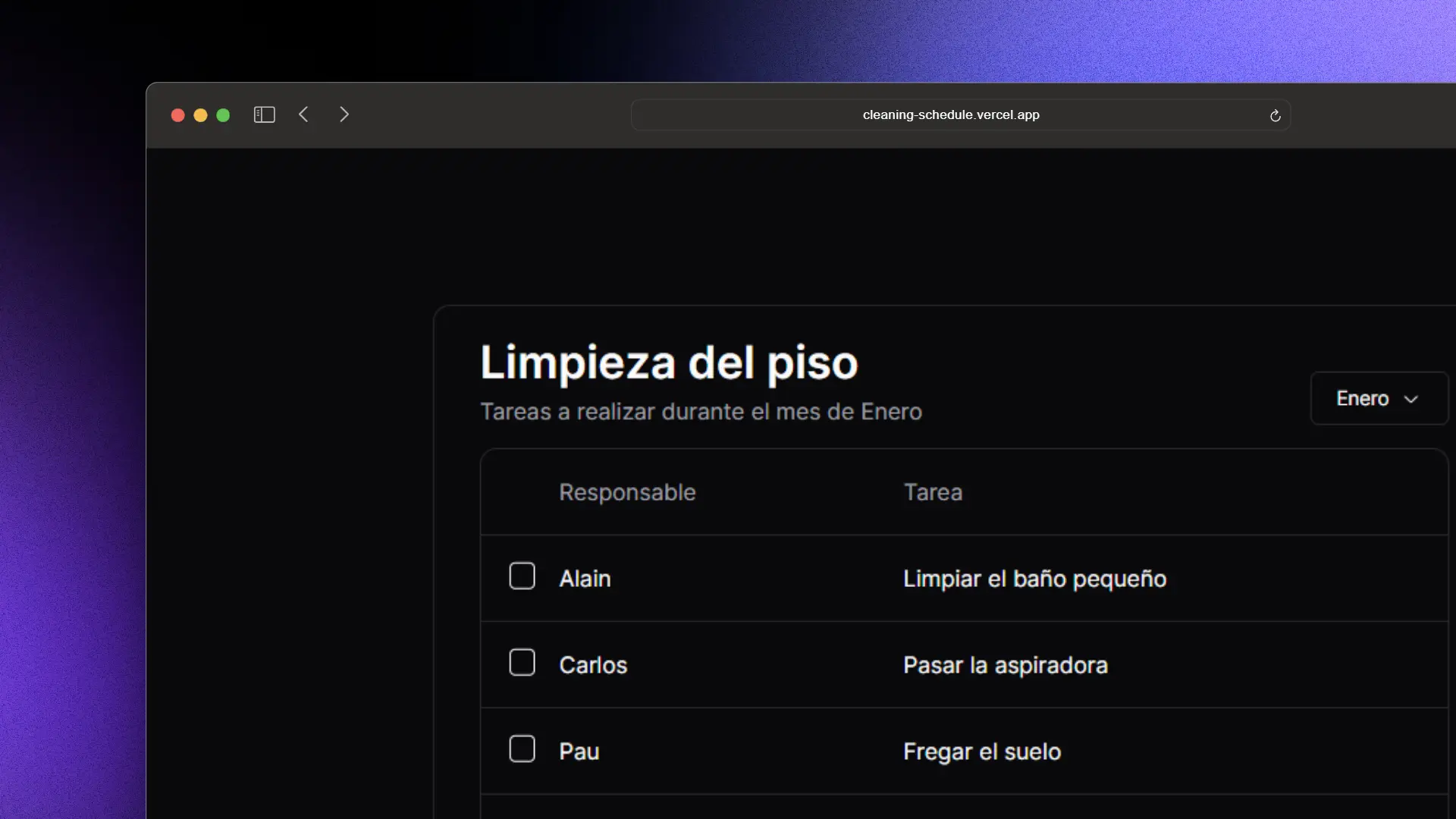 Captura de pantalla del proyecto Cleaning Schedule